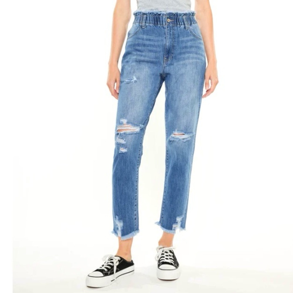 Kancan Angel Ultra High-Rise Paperbag Mom Jeans Women’s Size 27 Distressed Denim